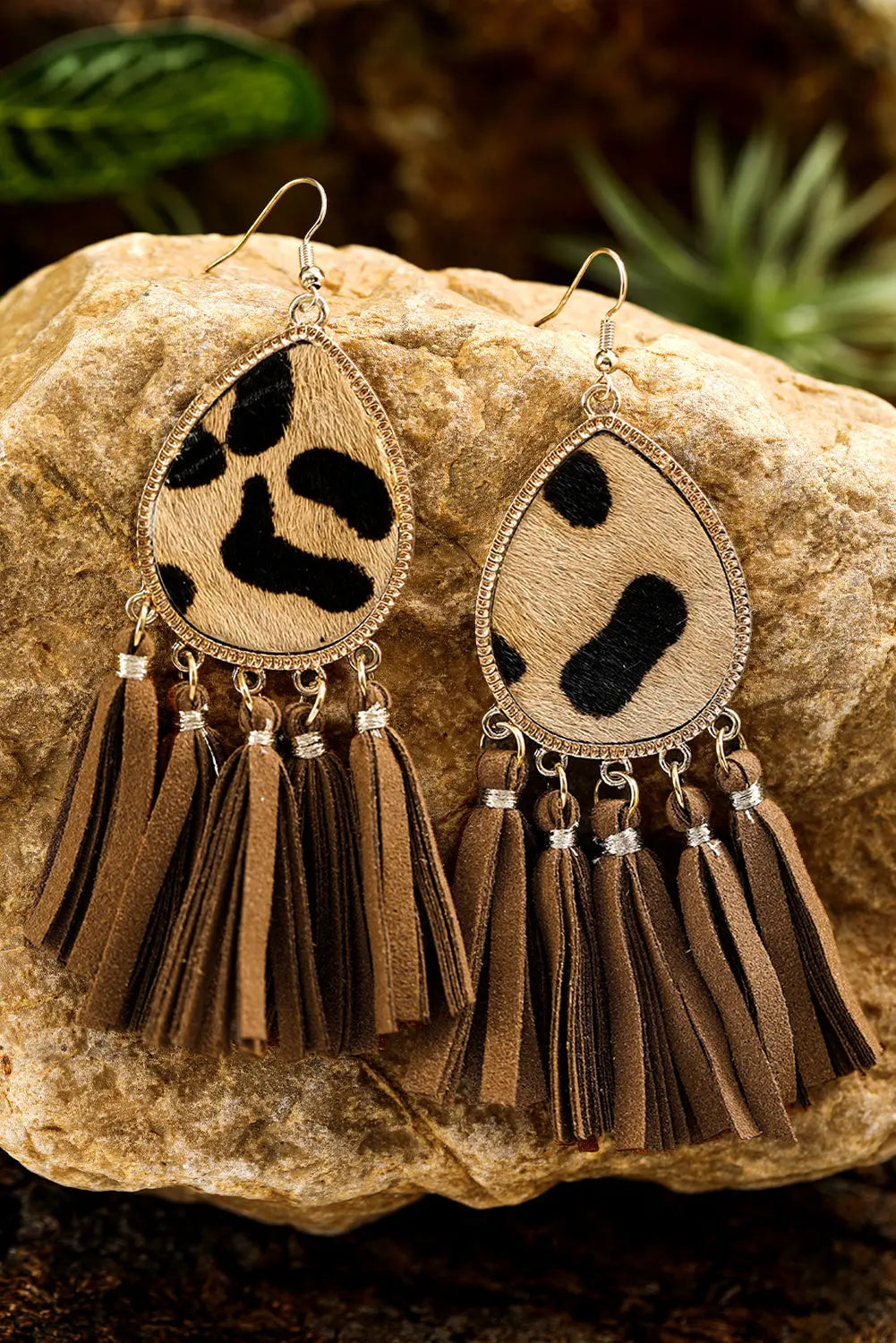 Boho Leopard Tasseled Hook Earrings Threaded Pear