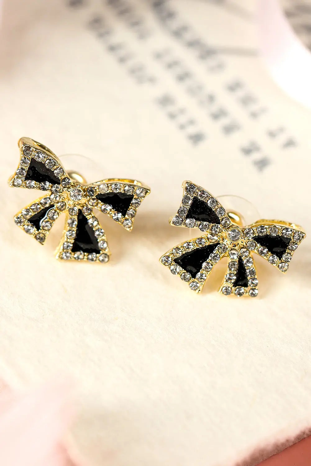 Black Rhinestone Bow Knot Stud Earrings Threaded Pear