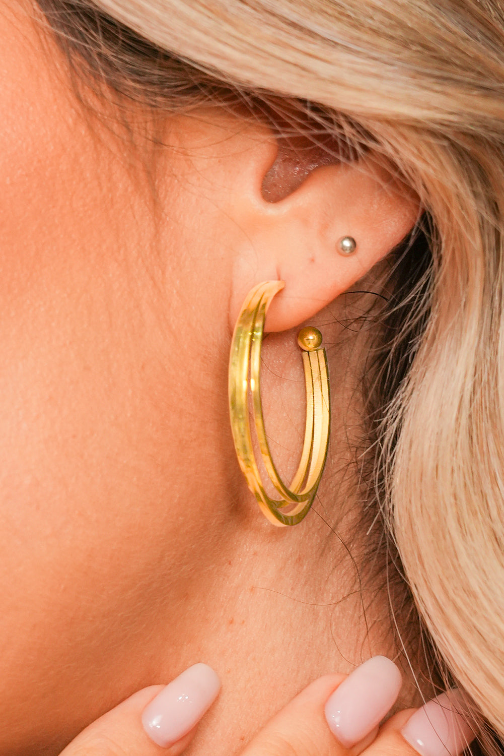 Gold Minimalist Triple Hoop Earrings Threaded Pear