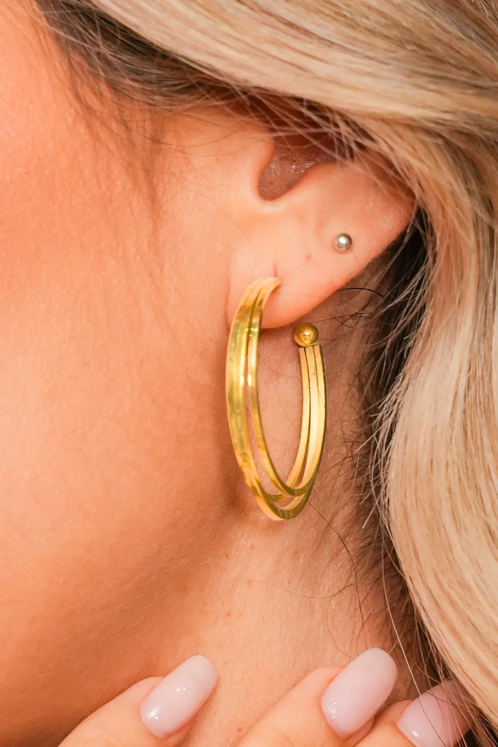 Gold Minimalist Triple Hoop Earrings Threaded Pear