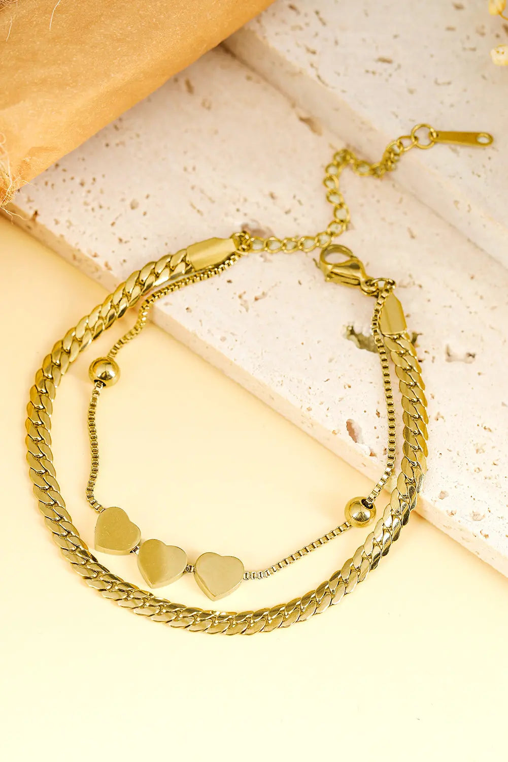 Gold Triple Heart Double Layer Adjustable Chain Bracelet Threaded Pear