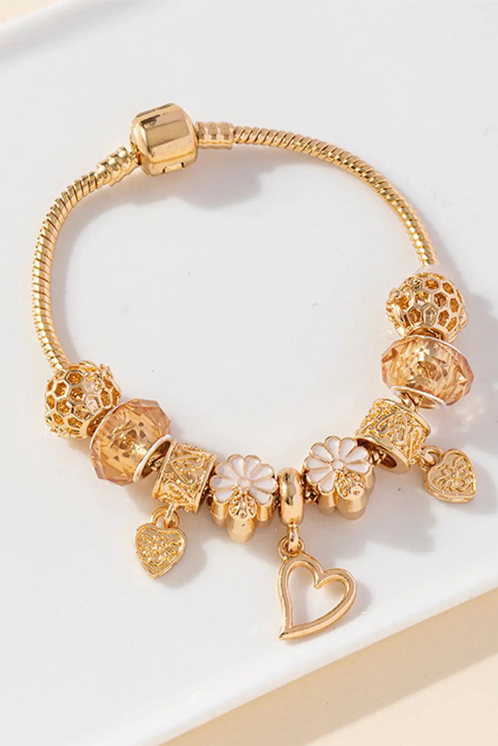 Gold Flower Heart Charm Plated Alloy Bracelet Threaded Pear