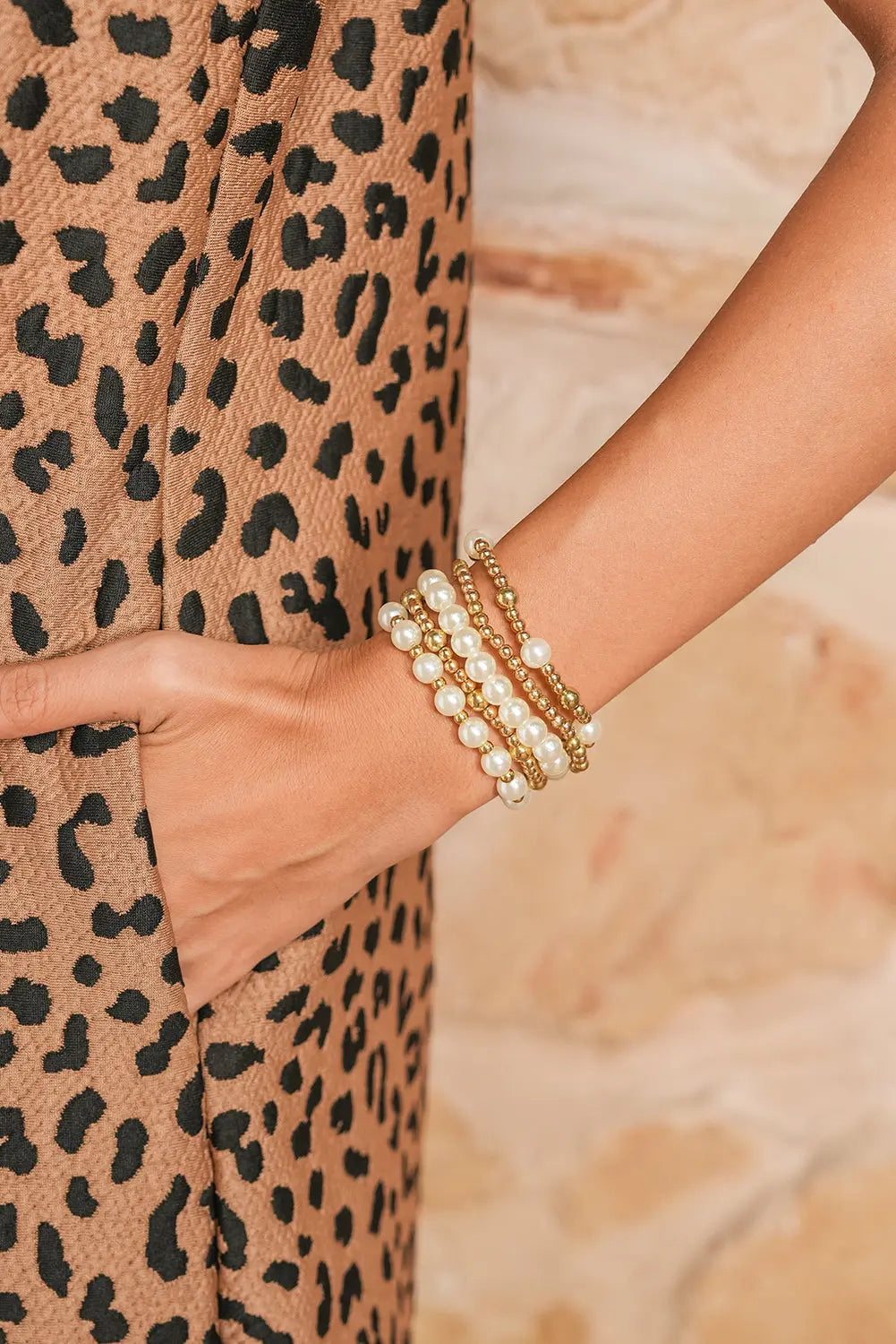 Gold Cross Pearls Decor Multi Layer Bracelets Threaded Pear