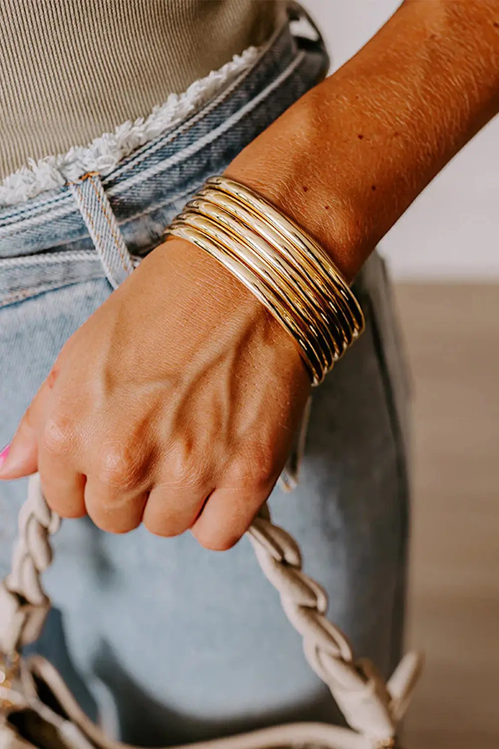 Gold Multi Layer Bangle Bracelet Threaded Pear