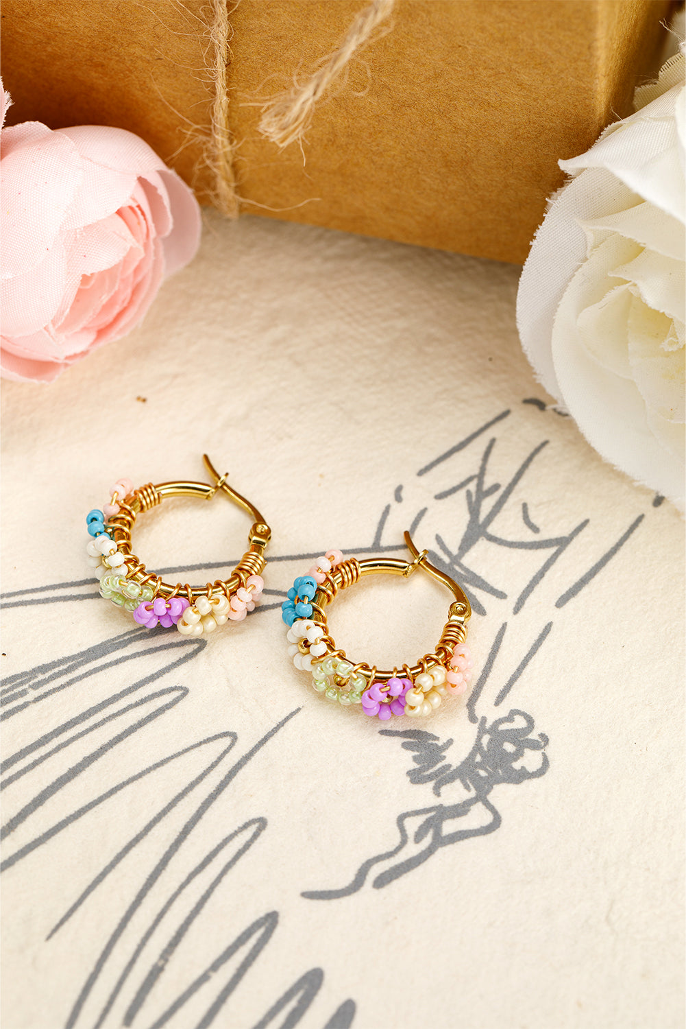 Gold Beaded Flower Hoop Earrings Threaded Pear