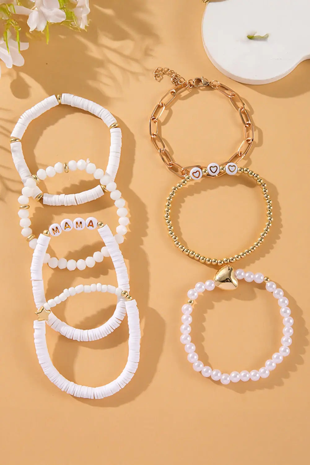White MAMA Heart Pearl Layer Bracelet Threaded Pear
