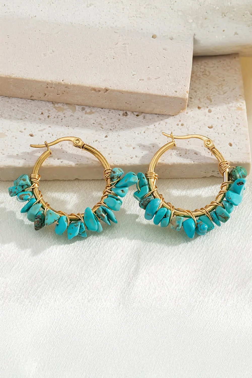 Turquoise Irregular Stone Hoop Earrings Threaded Pear
