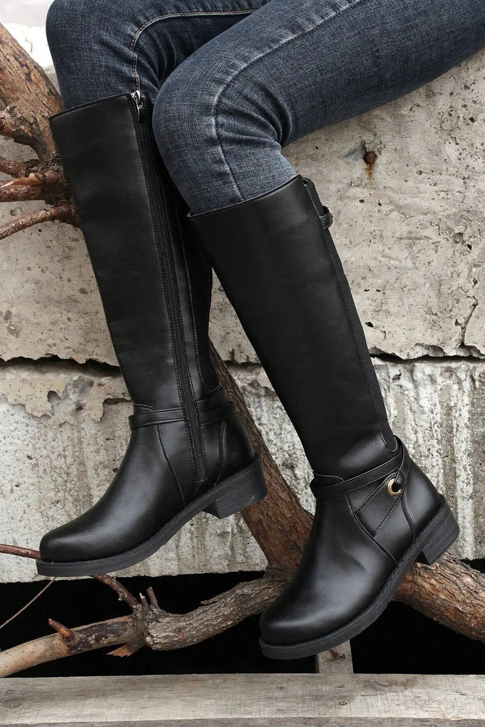 Josie Zipper Knee High Low Heel Boots Threaded Pear