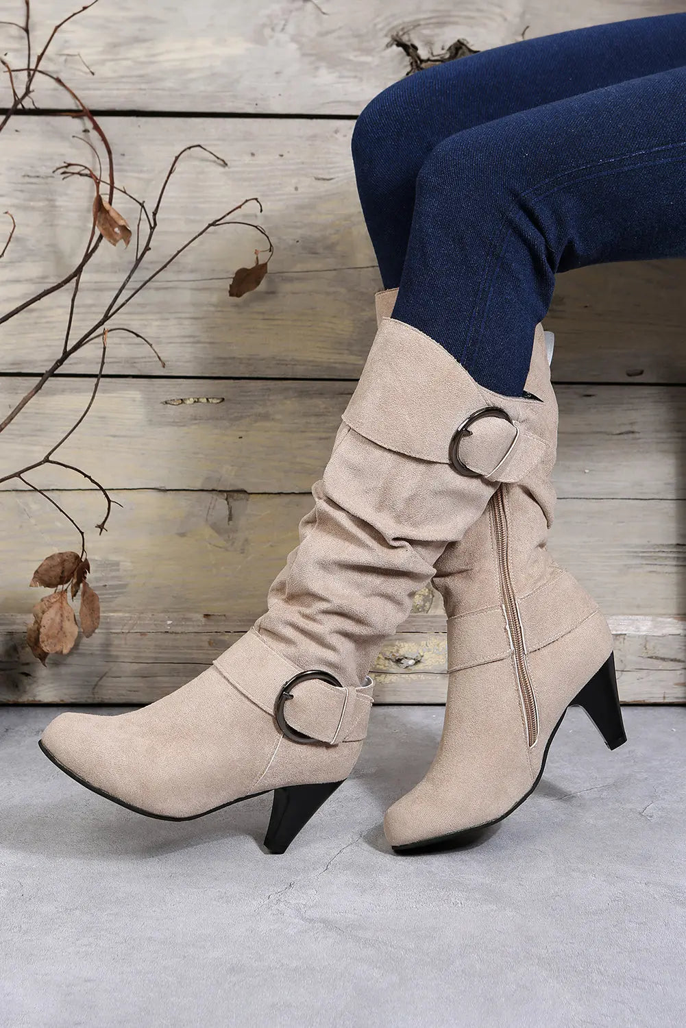 Kennedy Dual Buckle Strap Side Zip Boots Threaded Pear