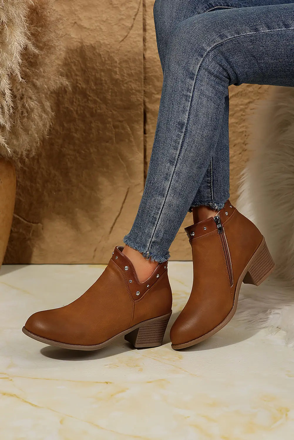 Melody Studded Ankle Boots Threaded Pear