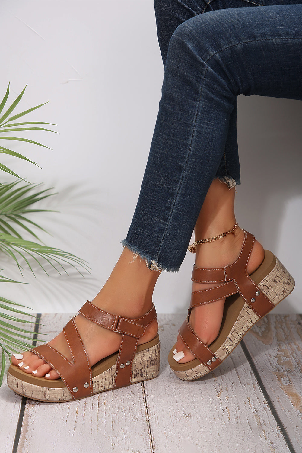 Hollow Out Velcro Leather Wedge Sandals Threaded Pear