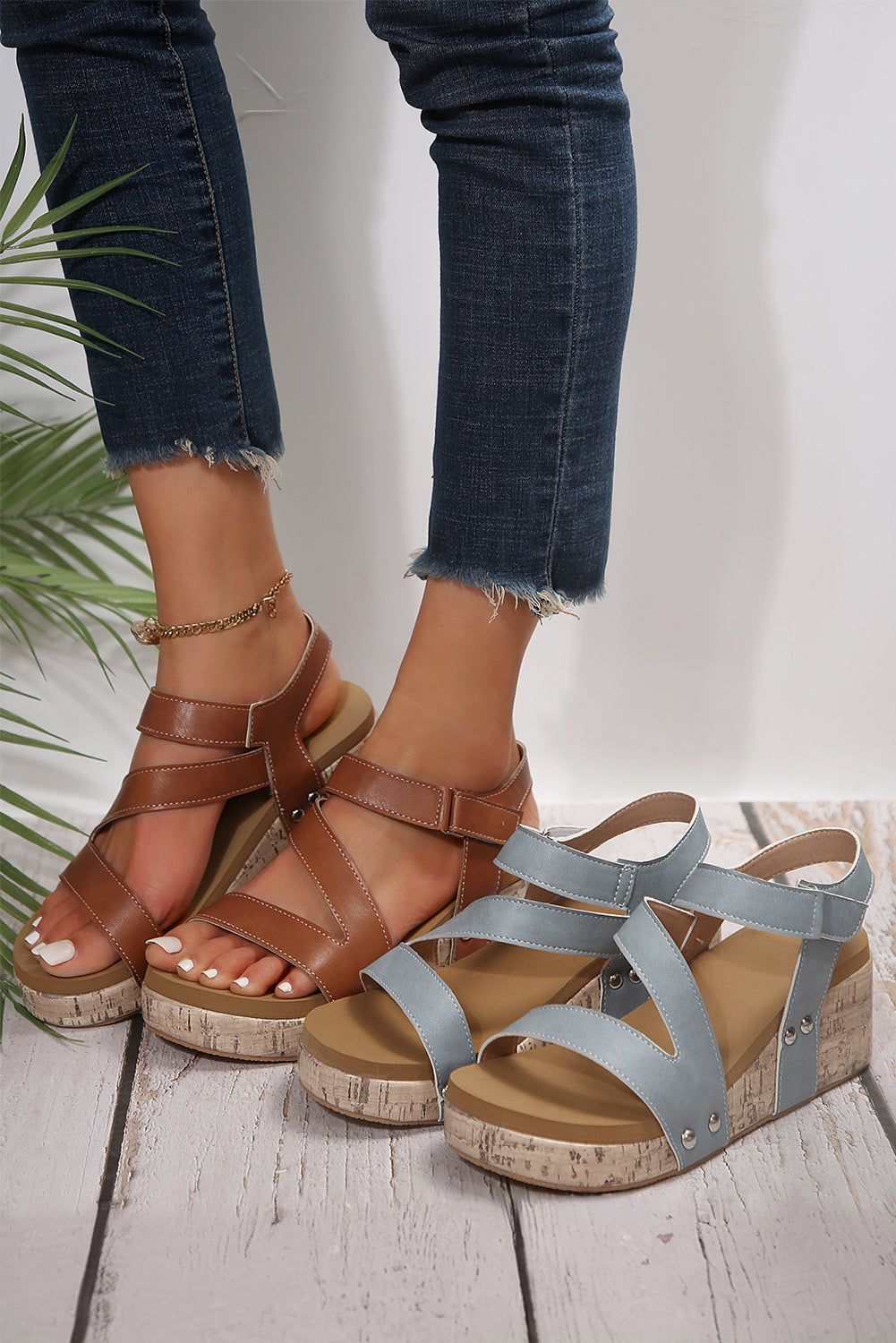Hollow Out Velcro Leather Wedge Sandals Threaded Pear