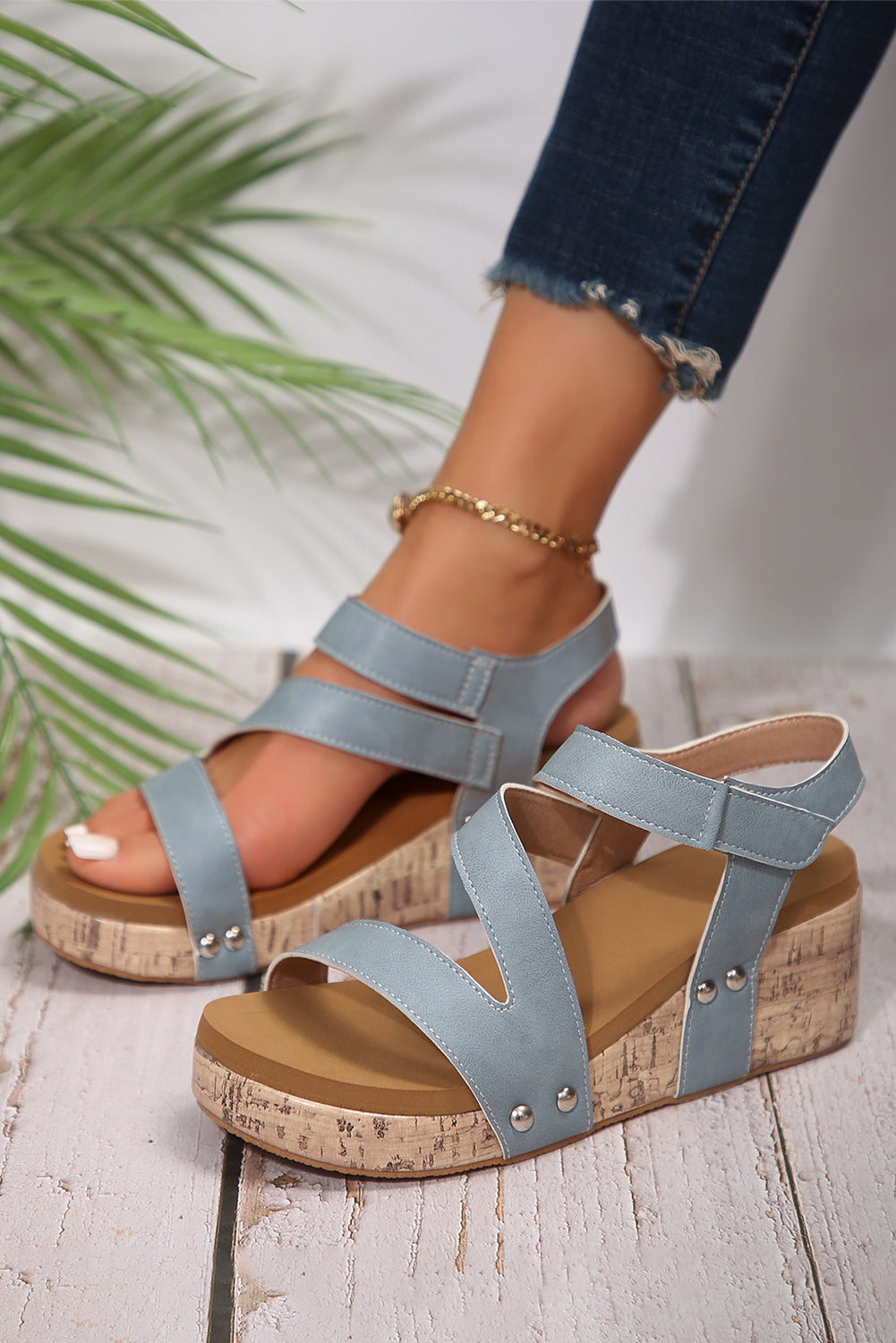 Hollow Out Velcro Leather Wedge Sandals Threaded Pear