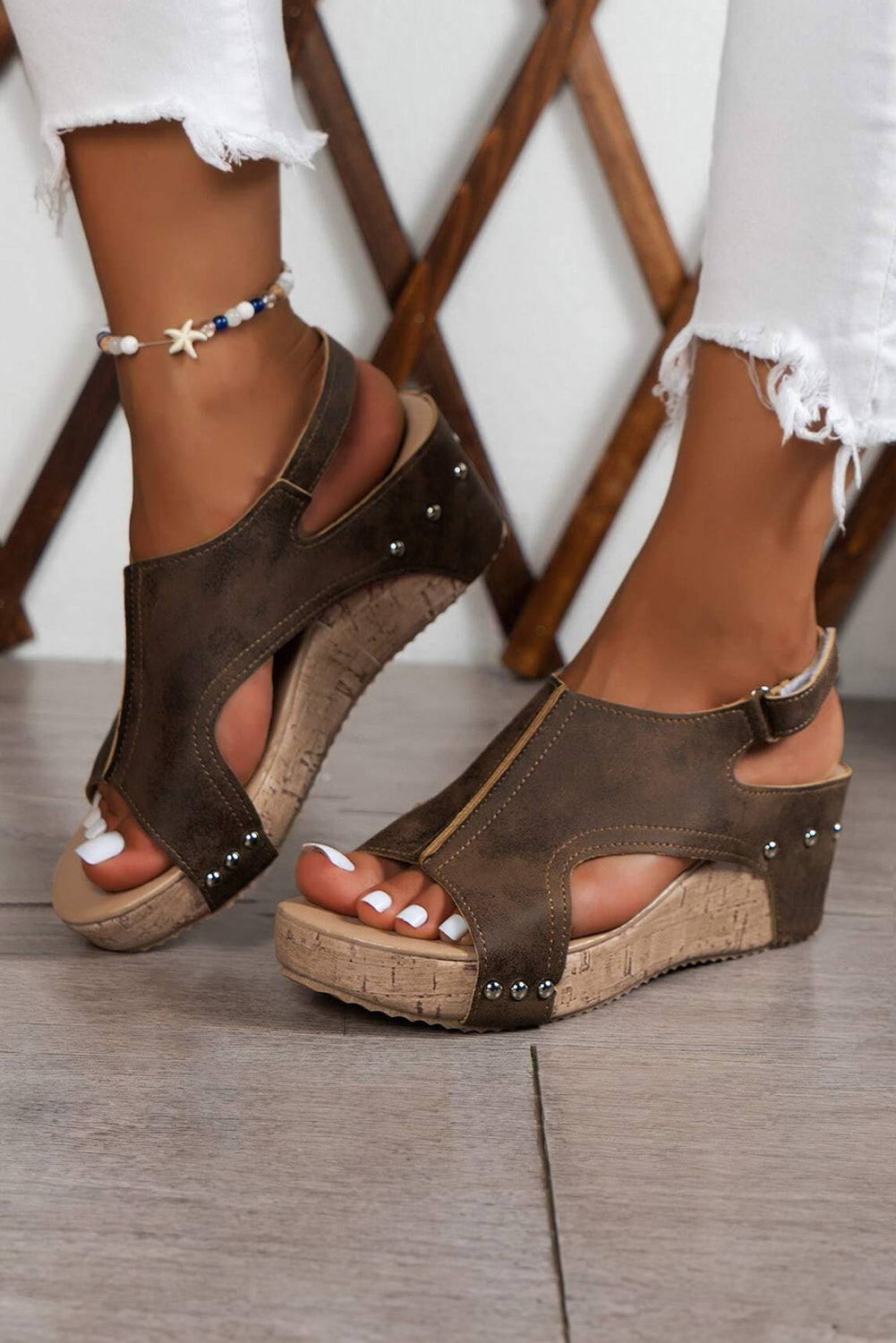 Eleanor Studded Cut Out Wedge Sandals Threaded Pear