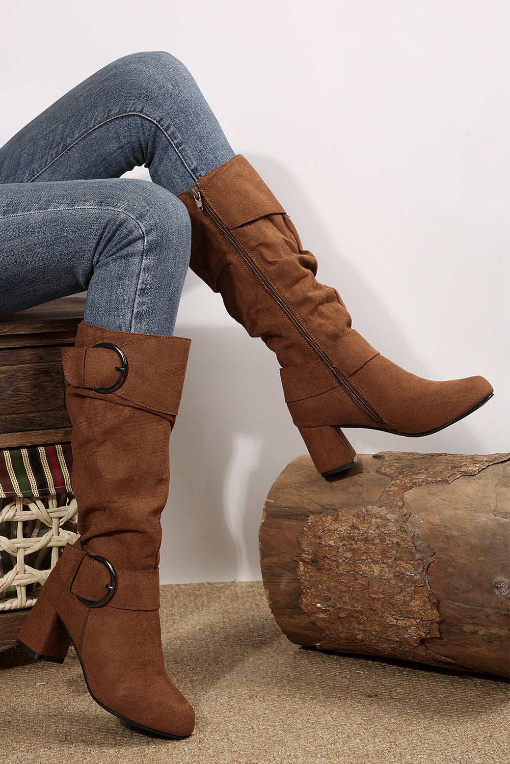 Suede Double Buckled Side Zipped Mid-calf Boots Threaded Pear