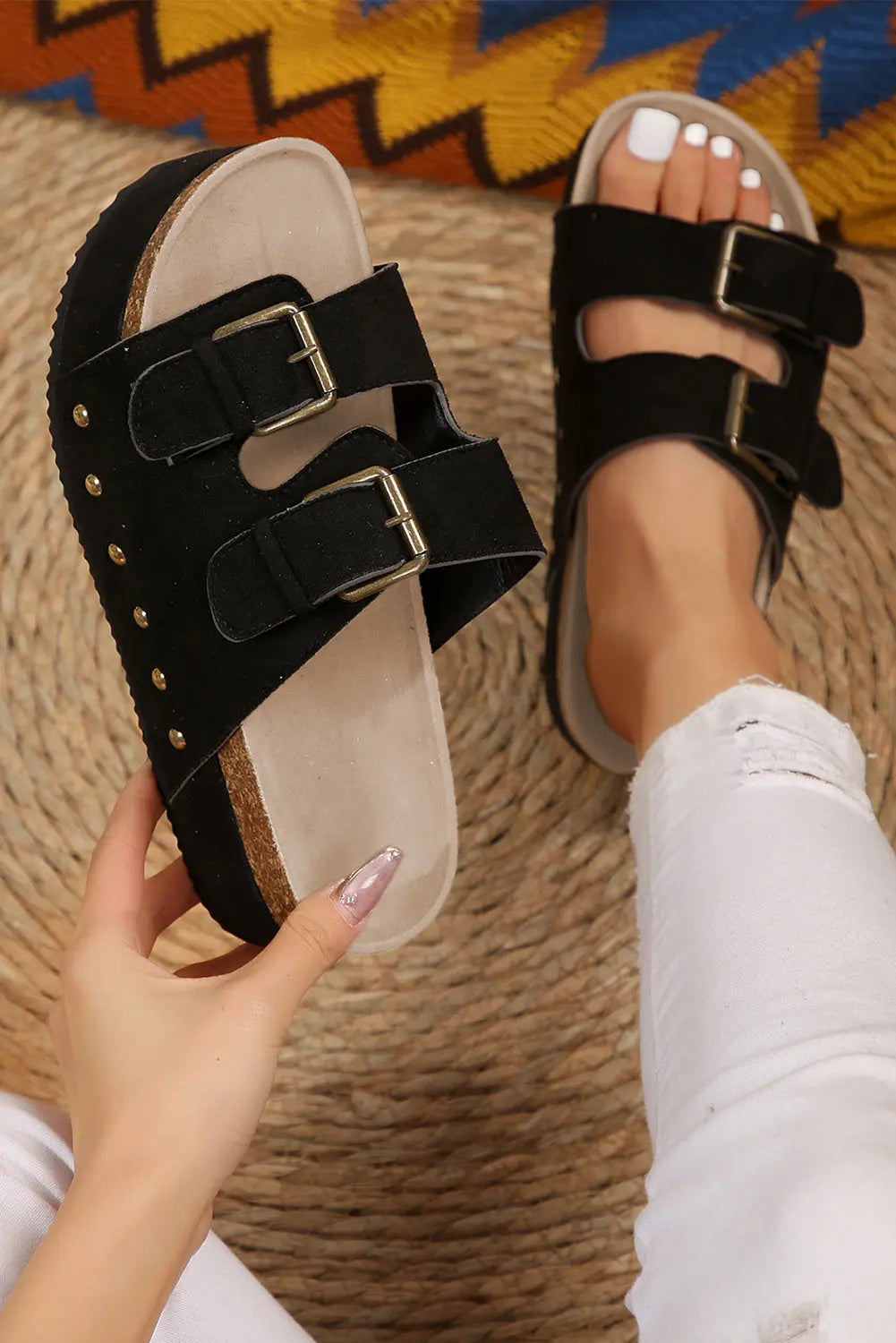 Suede Buckle Decor Footbed Sandal Slippers Threaded Pear