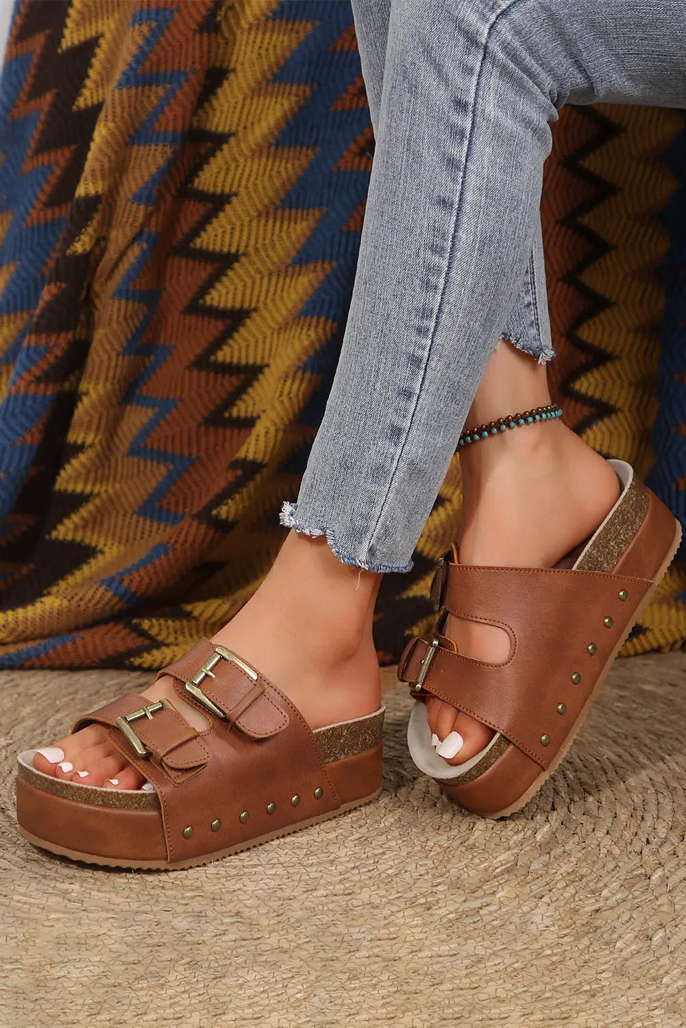 Dual Buckle Studded Platform Sandal Slippers Threaded Pear