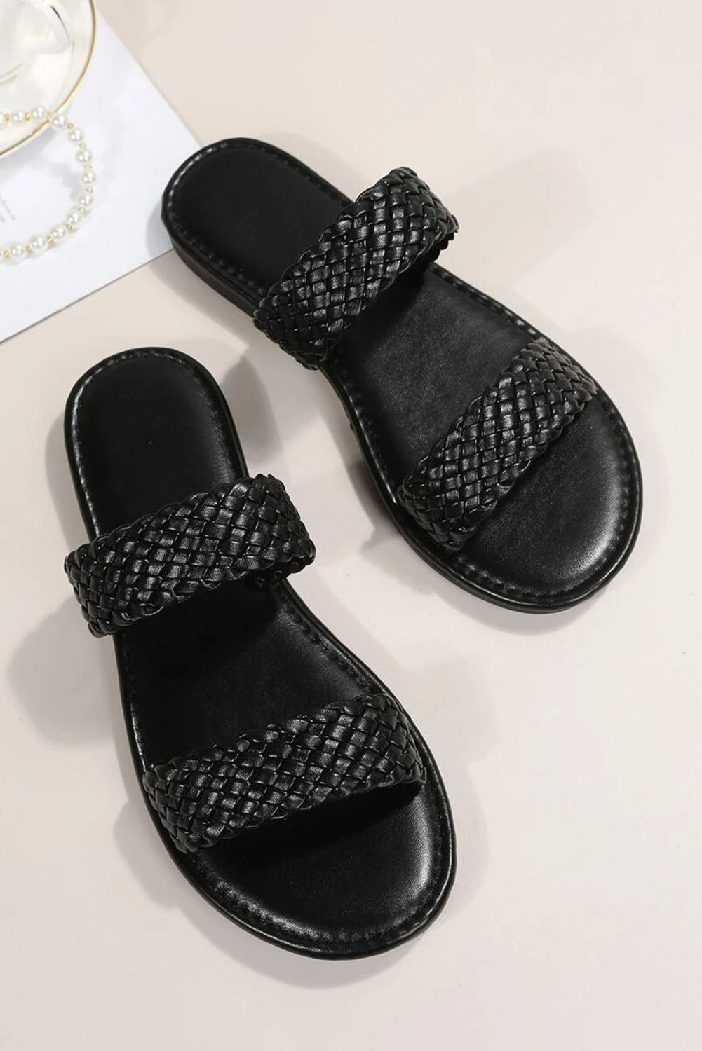 Braided Double Band Leathered Flat Slippers Threaded Pear