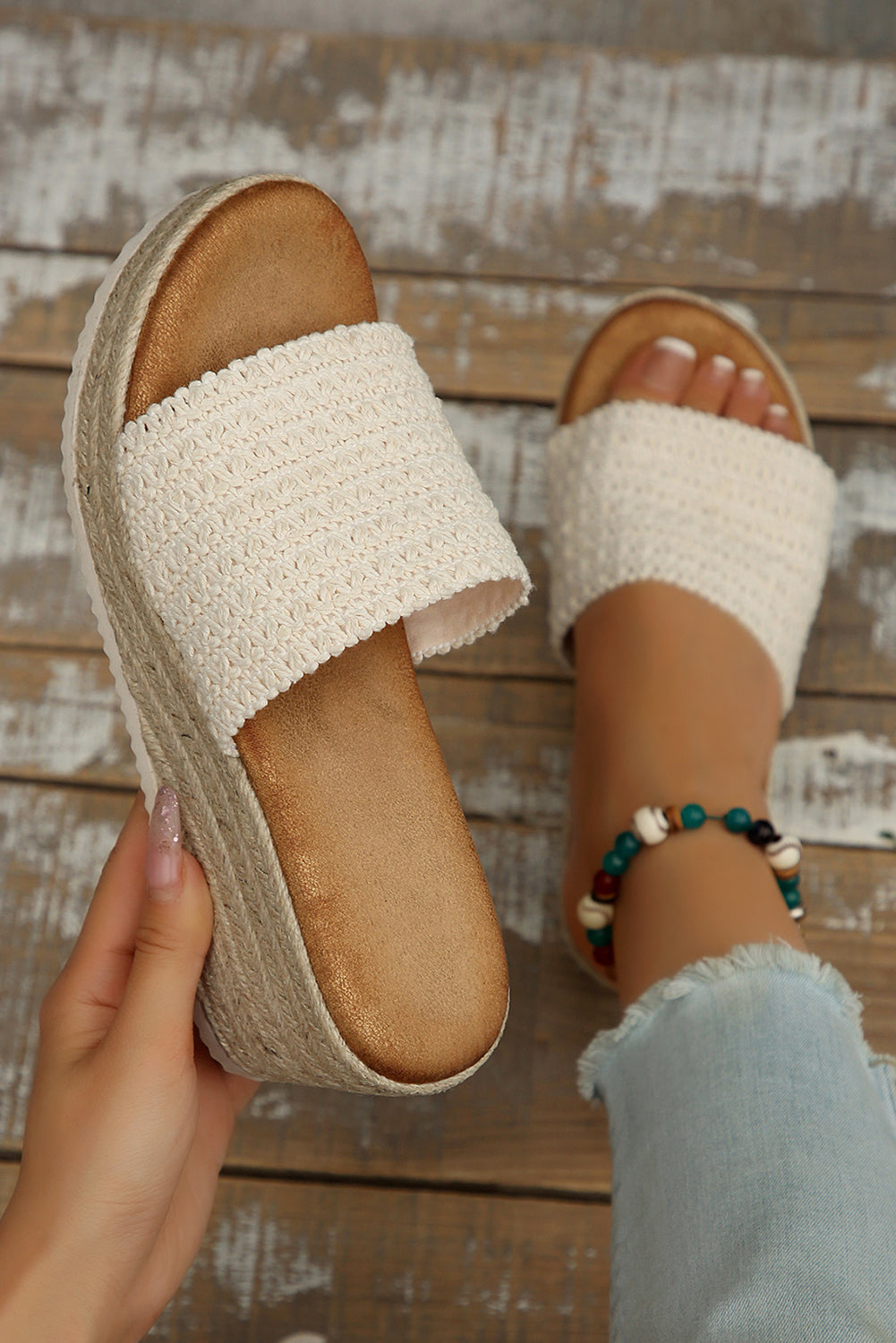 Woven Wide Band Platform Slippers Threaded Pear