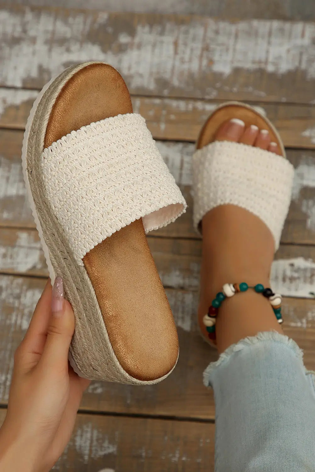 Woven Wide Band Platform Slippers Threaded Pear