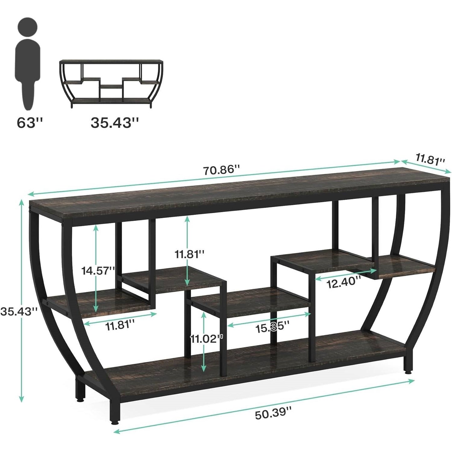 Modern Industrial 70-inch Long Narrow Console Sofa Table with Black Wood Shelves FastFurnishings