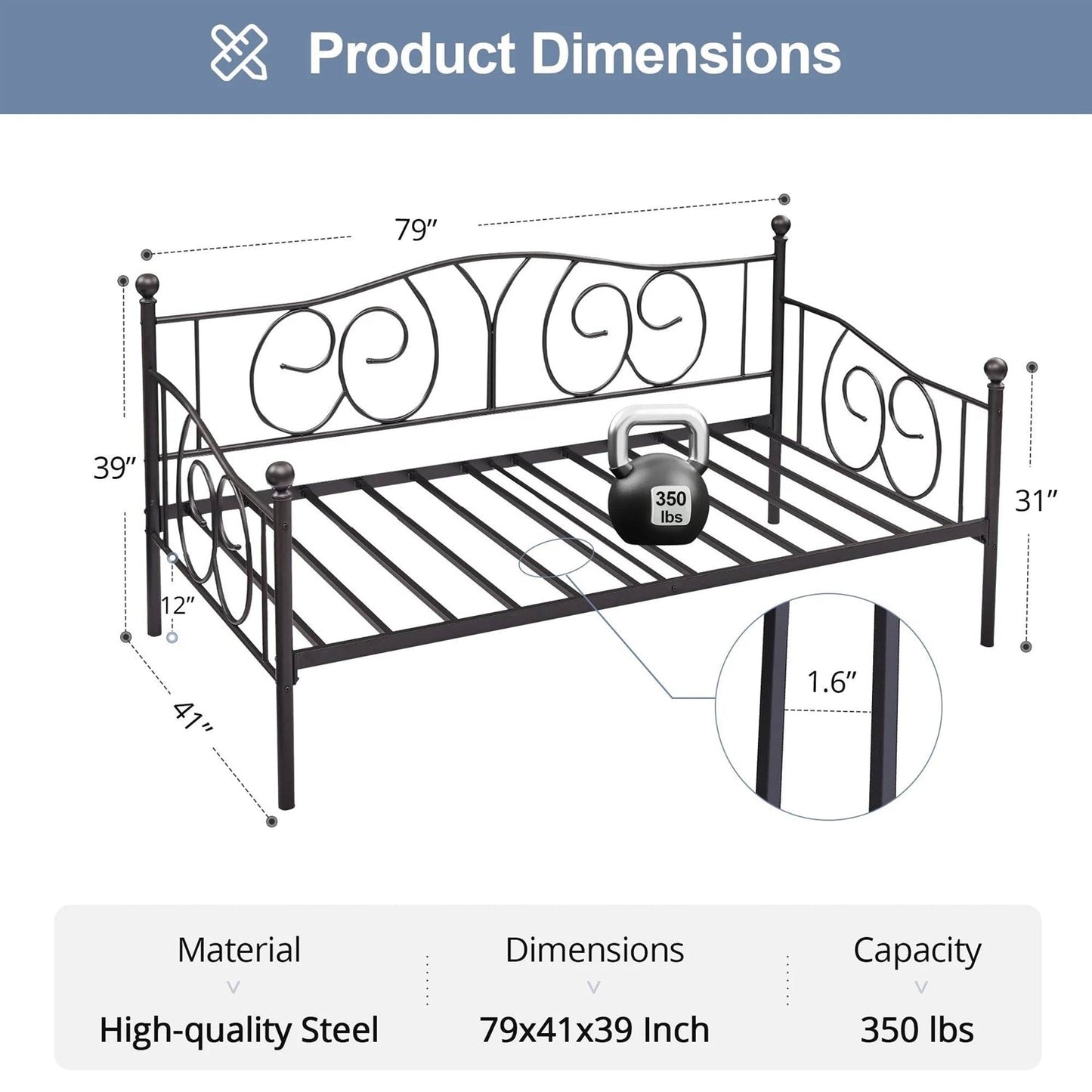 Twin size Victorian Black Metal Daybed Frame - 350 lbs. Weight Capacity FastFurnishings