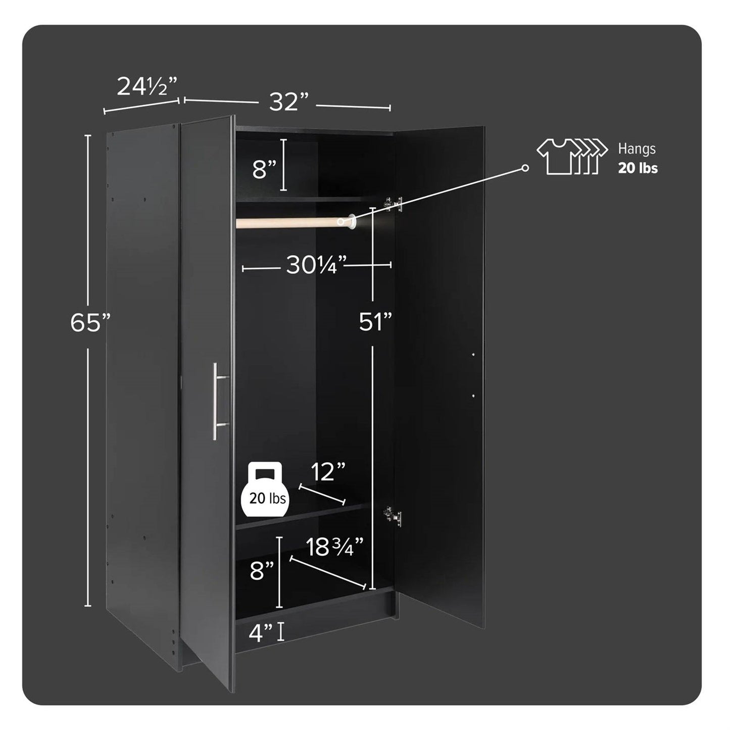 Bedroom Armoire Wardrobe Cabinet with Hanging Rail in Black Wood Finish FastFurnishings