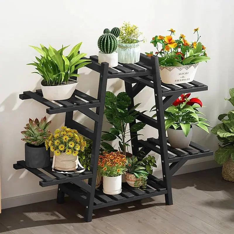 Indoor Outdoor Black Bamboo Wood 6-Shelf Flower Pot Plant Stand FastFurnishings