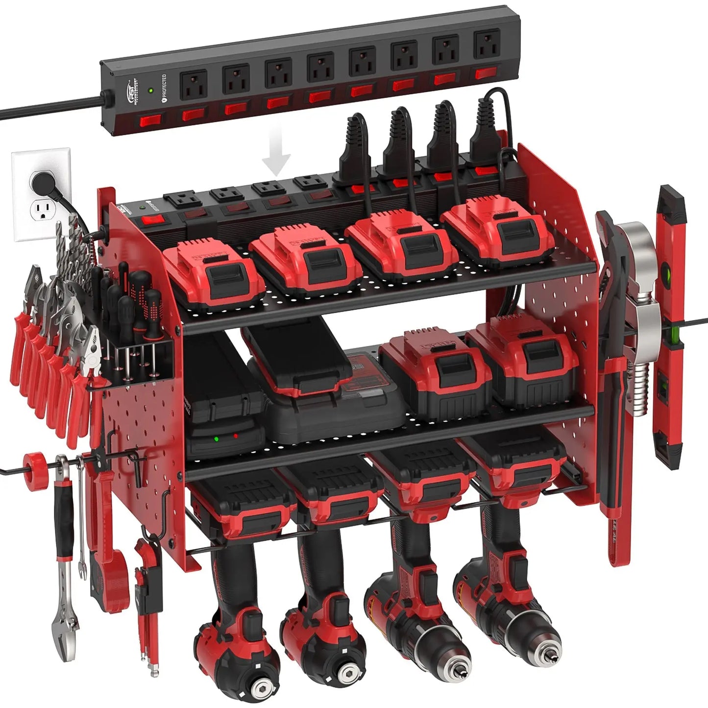 3 Layers Power Tool Organizer Wall Mount with Charging Station, Garage Tool Storage Rack Shelf with 8-Outlet Individual Switches Power Strip Rocket Socket Technology