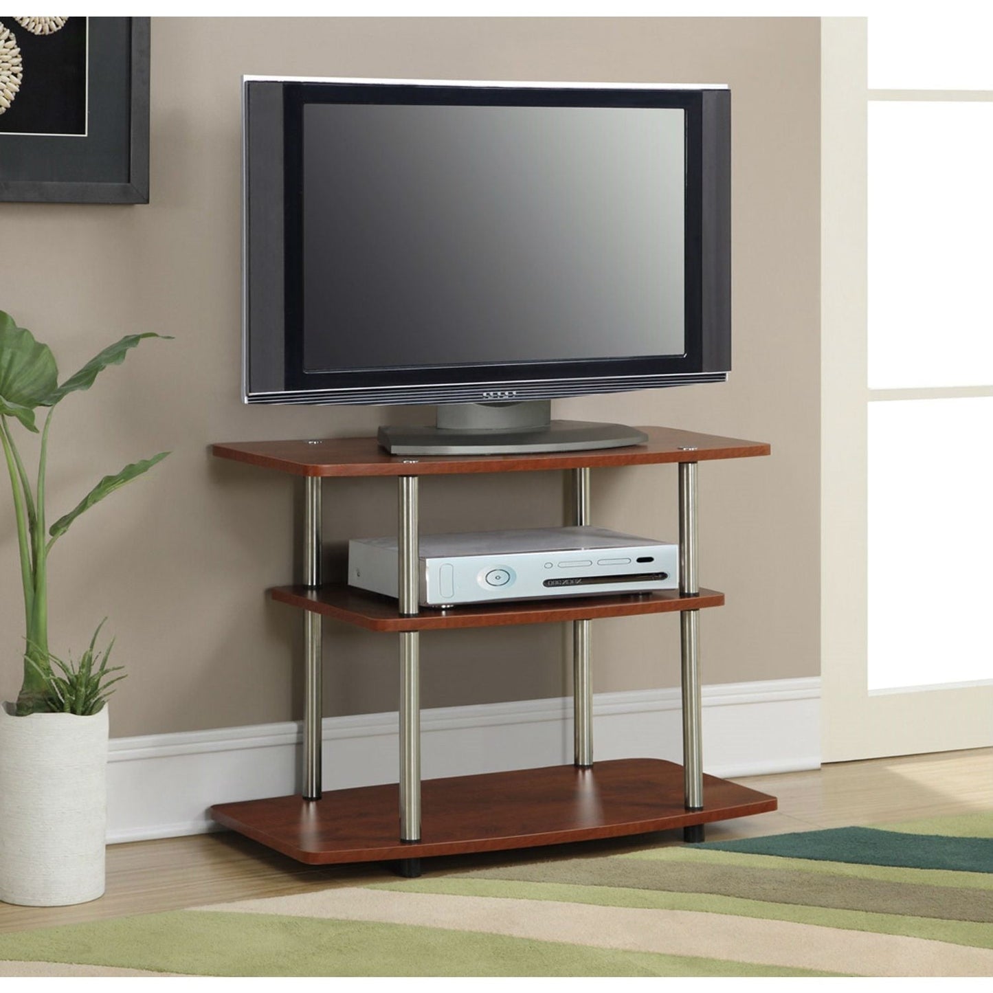 Modern Wood and Metal TV Stand in Cherry Brown Finish FastFurnishings