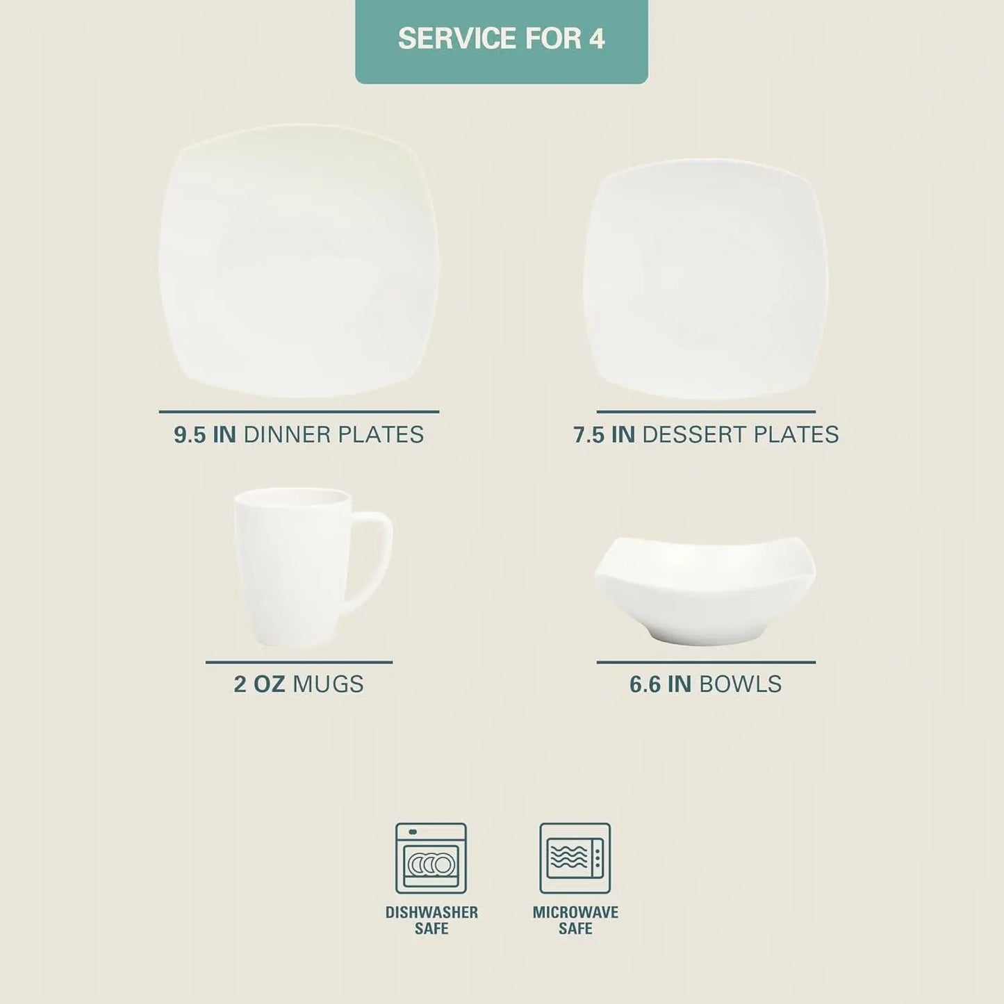 16 Pieces - White Square Porcelain Dinnerware Set - Service for 4 FastFurnishings