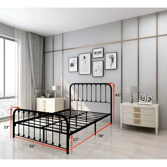 Full size Classic Black Metal Bed Frame with Slatted Headboard and Footboard FastFurnishings