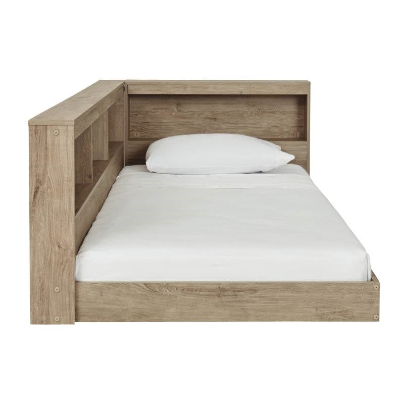 Full size Natural Wood Corner Storage Bed with Bookcase Headboard and USB Ports FastFurnishings