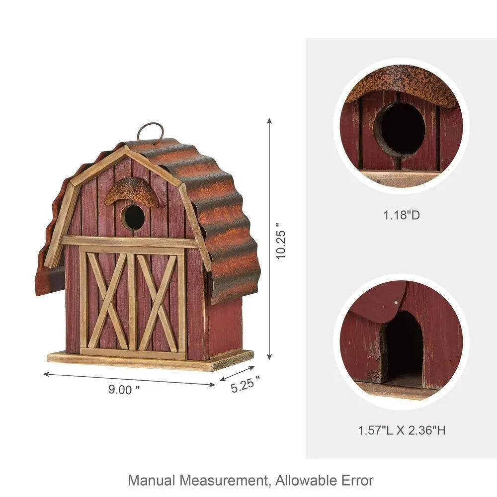 Outdoor Red Wood and Metal Barn Style Hanging Bird House FastFurnishings