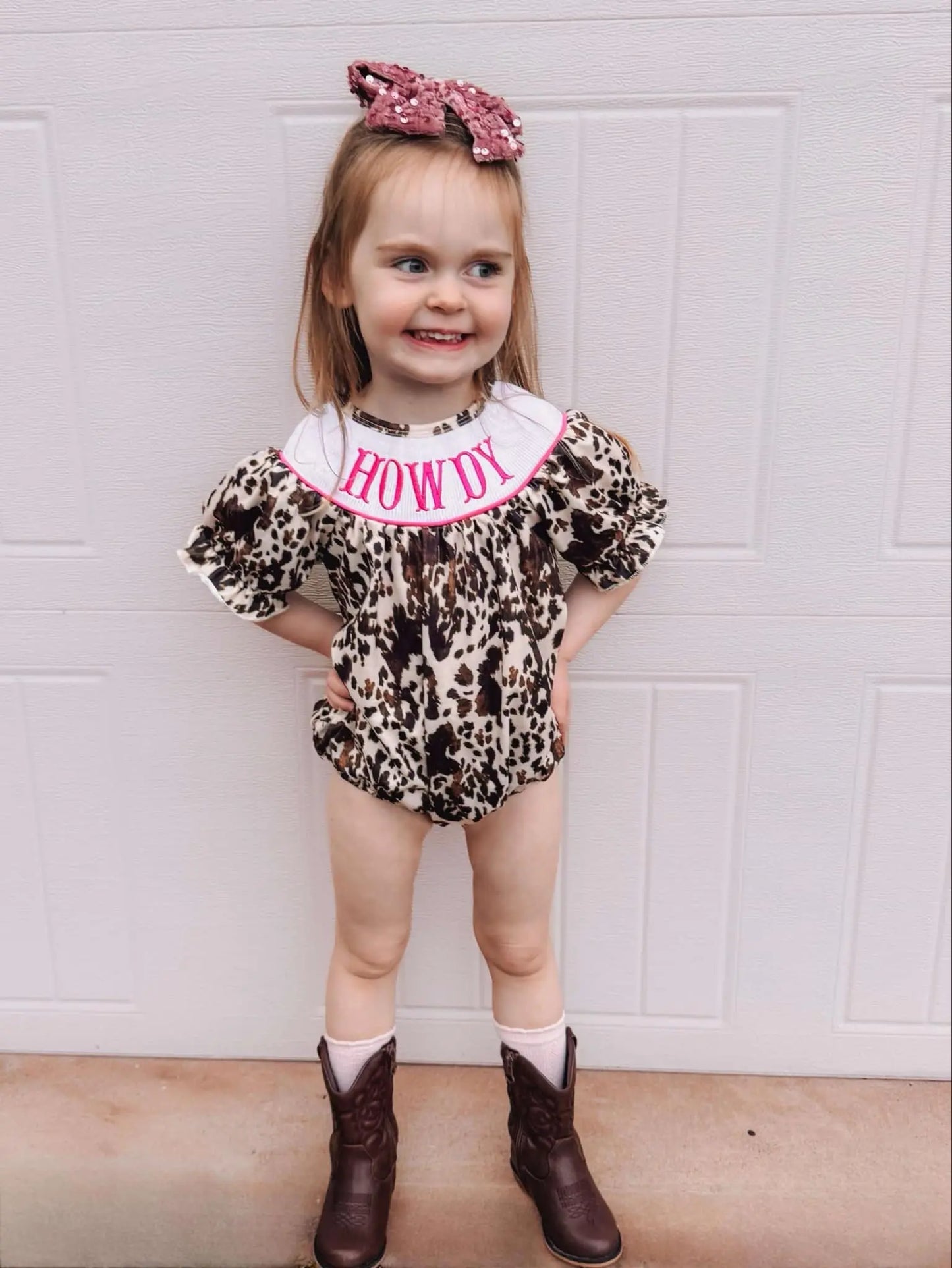 Smocked cowhide howdy romper - Get it from Bo