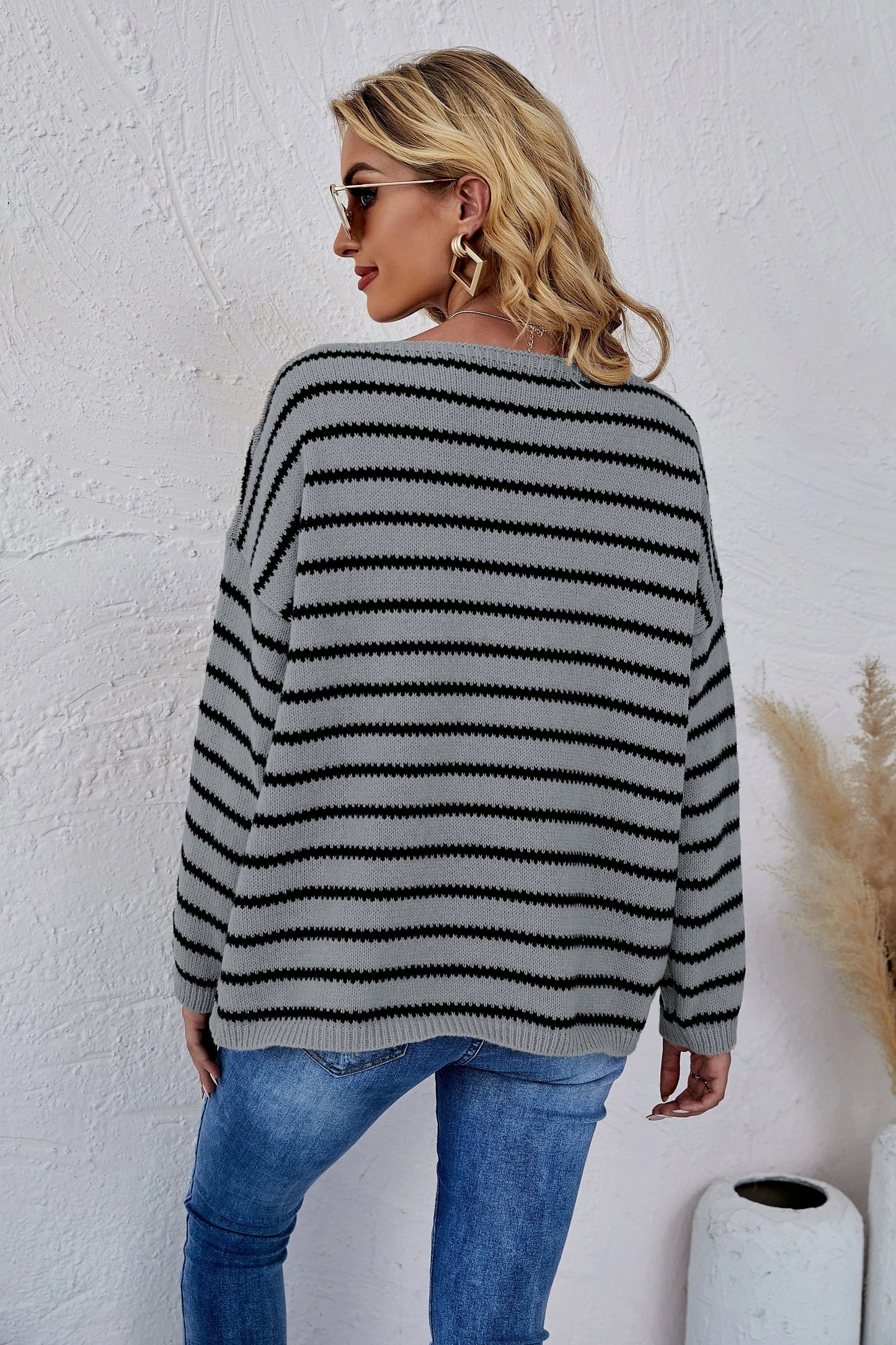 Round Neck Striped Knit Sweater Anna-Kaci Wholesale