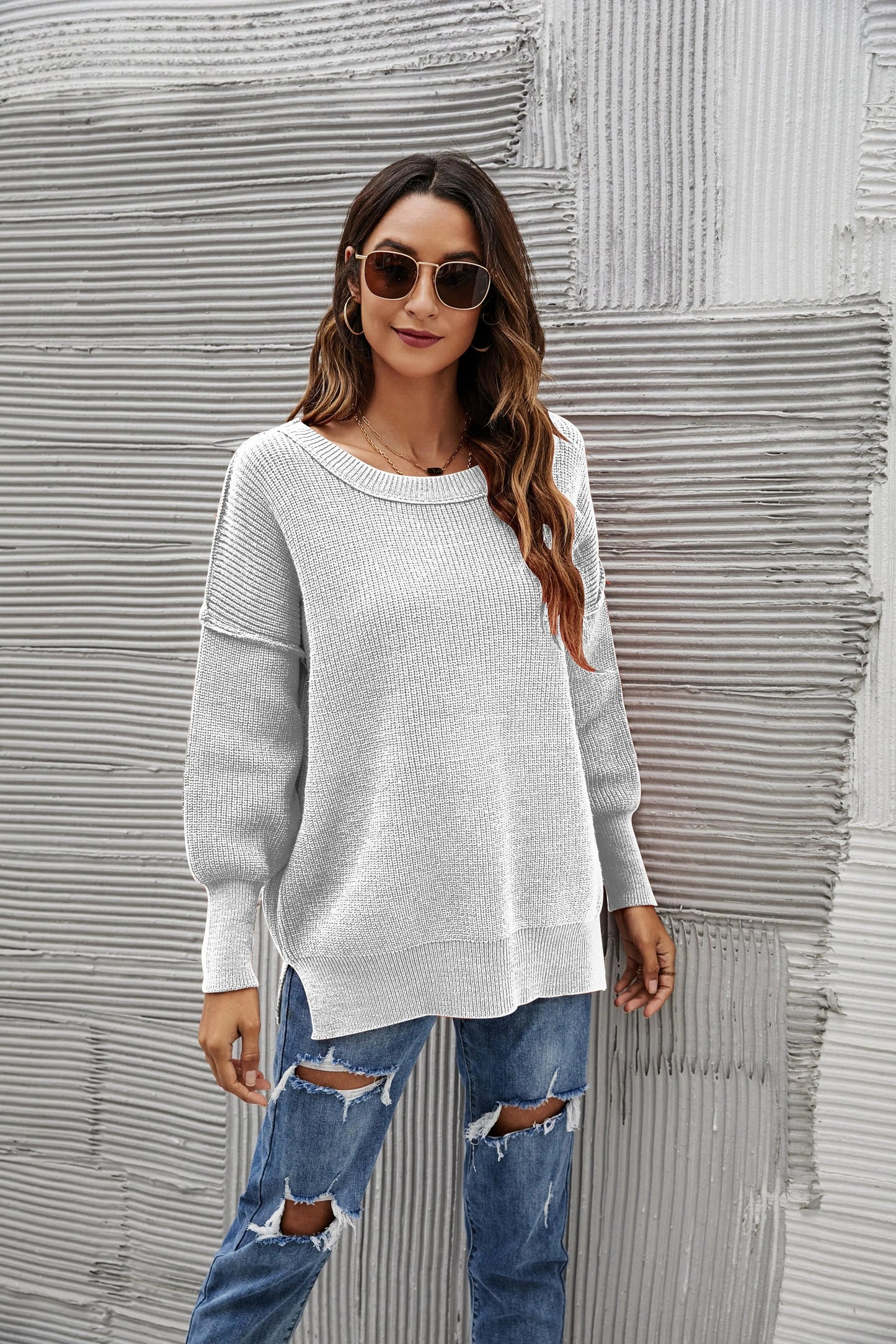 Solid Side Slit Knit Sweater Anna-Kaci Wholesale