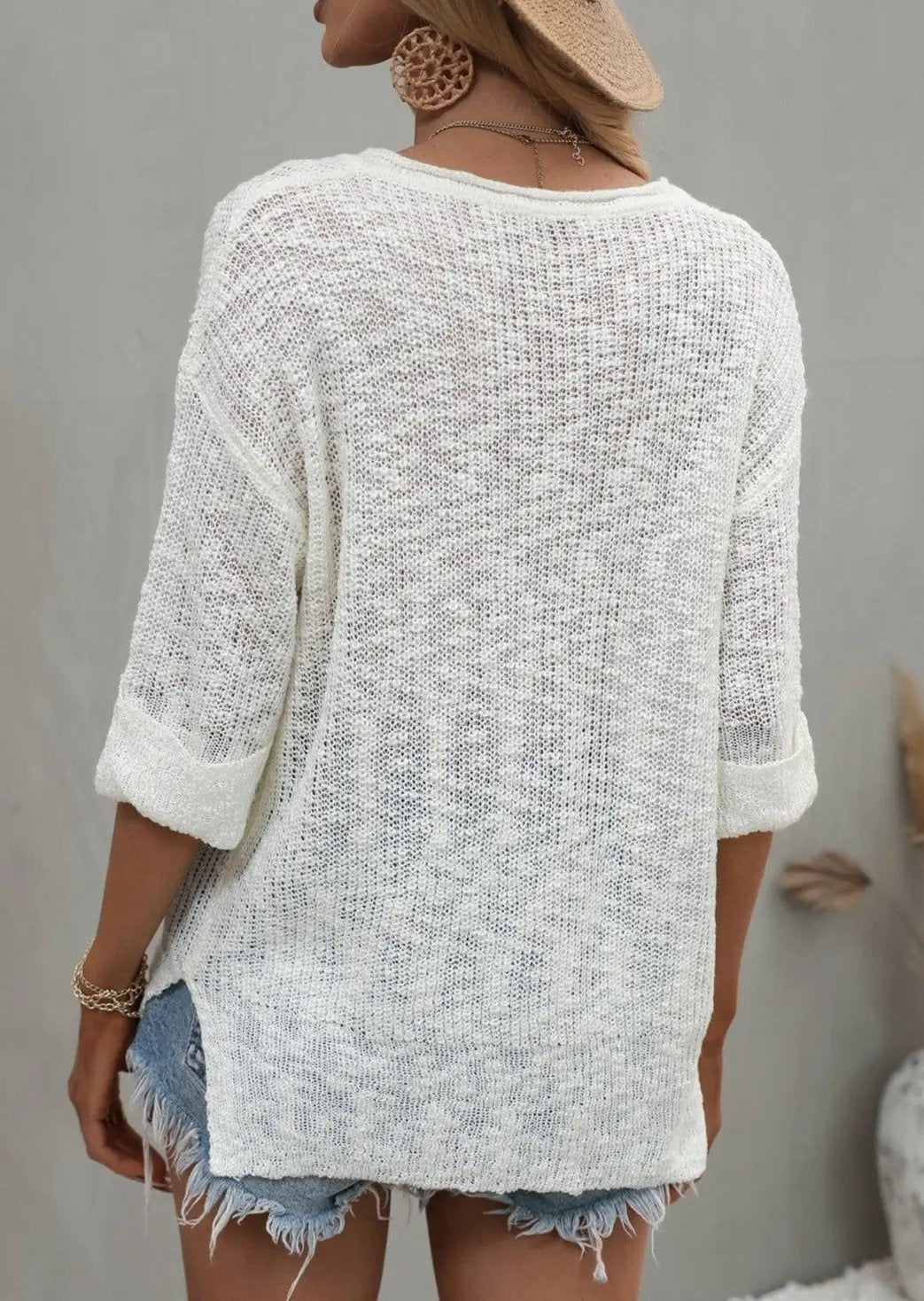 Drop Shoulder 3/4 Length Sweater Anna-Kaci Wholesale