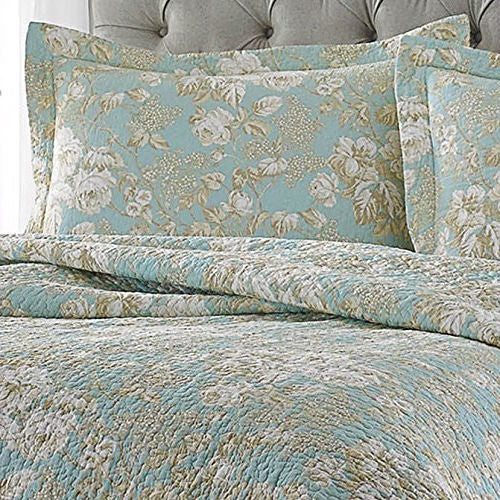 King size 3-Piece Reversible Cotton Quilt Set with Seafoam Blue Beige Floral Pattern FastFurnishings
