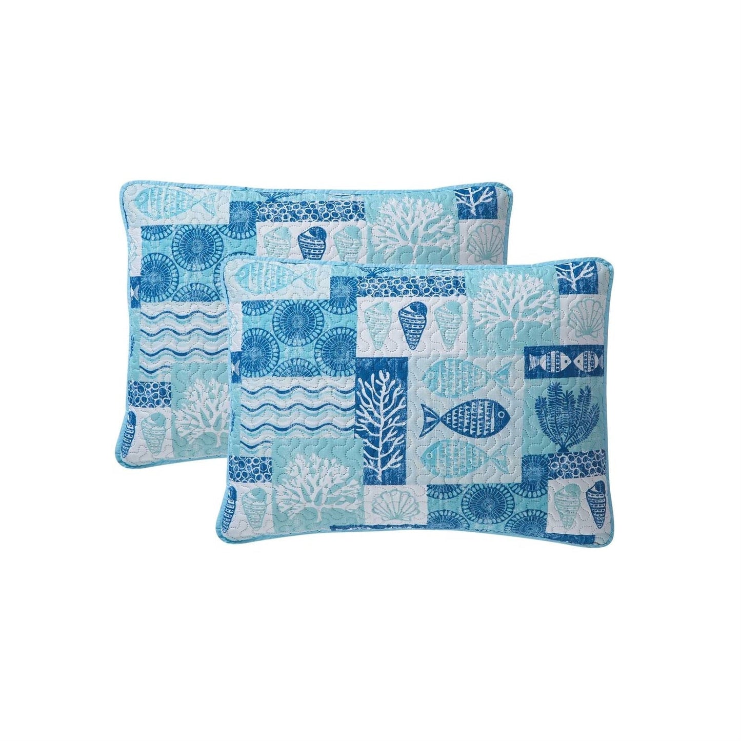 King size Aqua Blue Cream Beach Sea Shells Coral Fish Coastal 3-Piece Quilt Set FastFurnishings