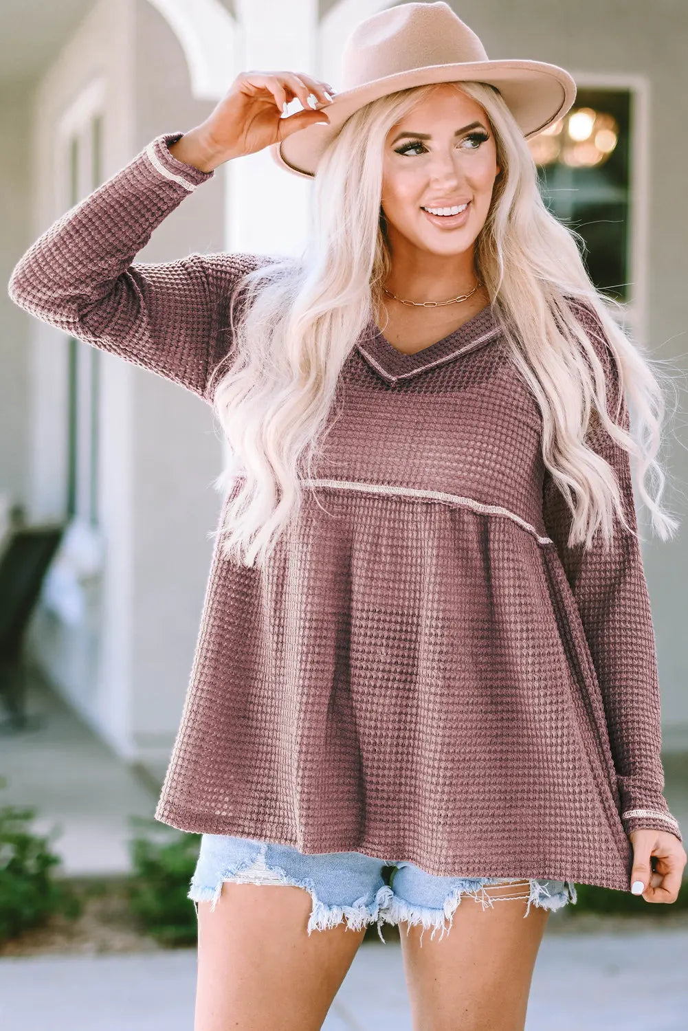 Liana Waffle Knit V Neck Long Sleeve Babydoll Top Threaded Pear