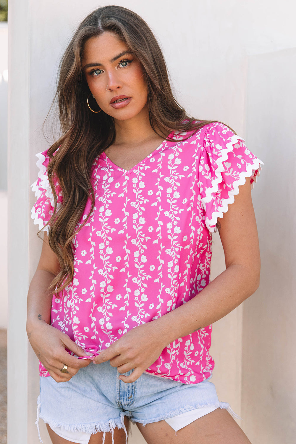 Rayna Floral Ric-rac Tiered Ruffled V Neck Blouse