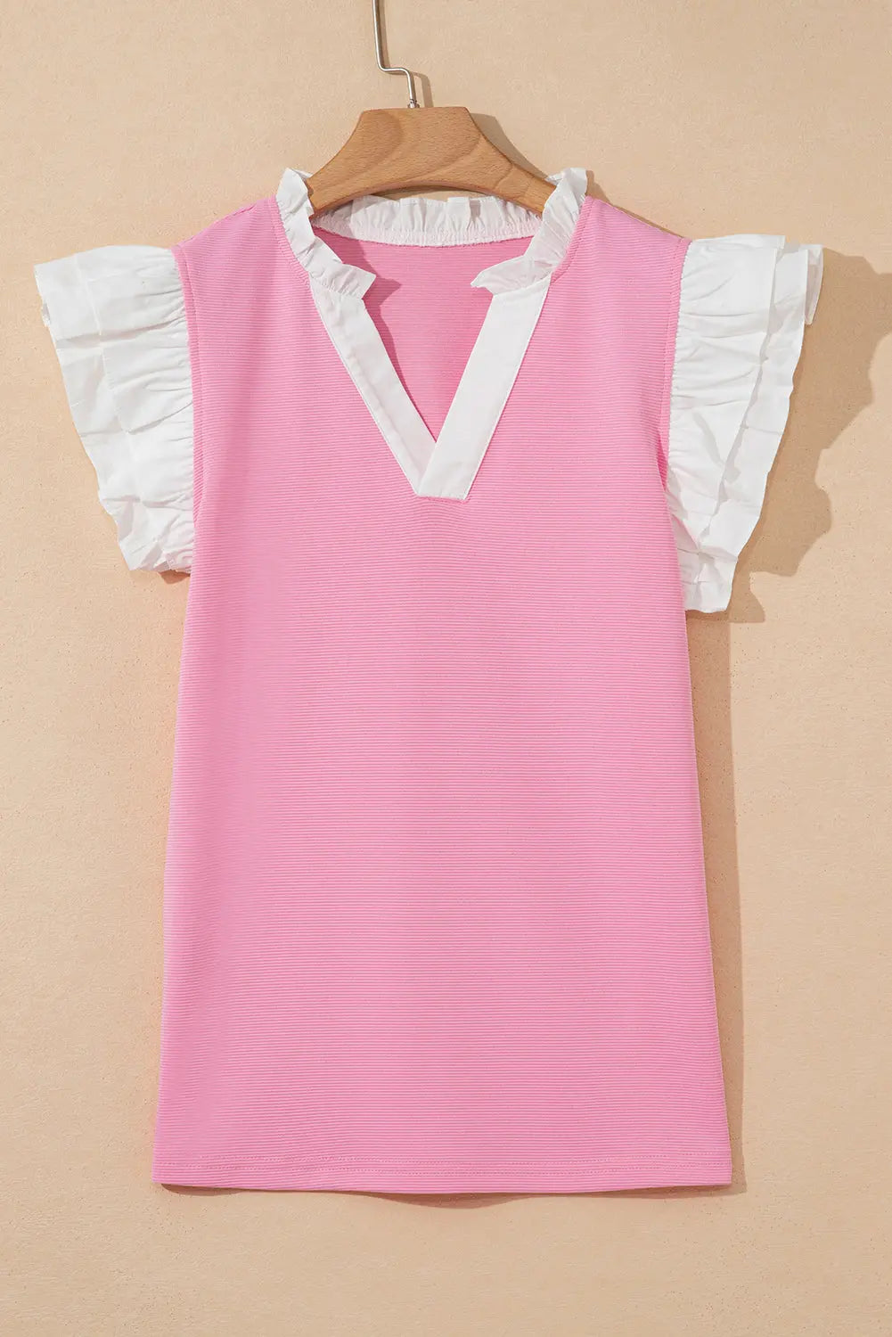 Serena Contrast V Neck Ruffled Textured Knit Top Threaded Pear