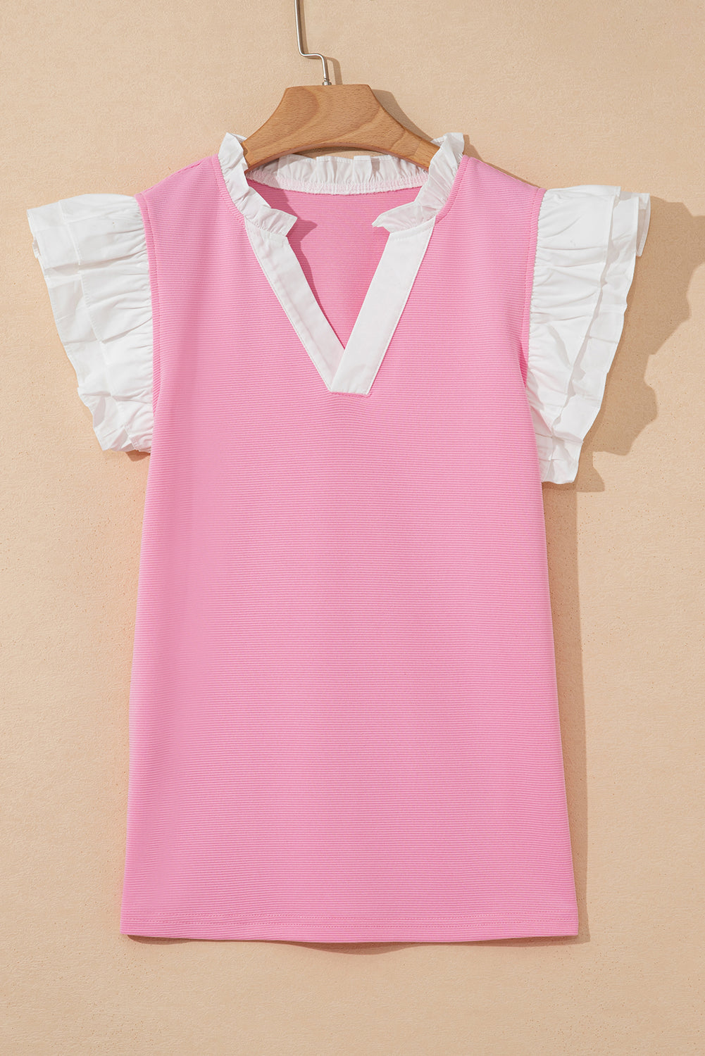 Serena Contrast V Neck Ruffled Textured Knit Top Threaded Pear