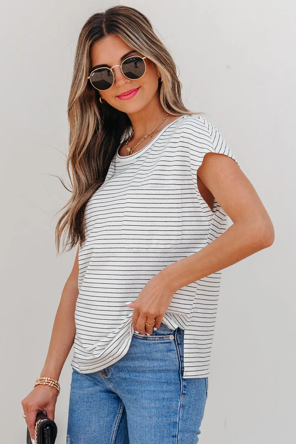 Tilly Stripe Cap Sleeve Crew Neck top Threaded Pear
