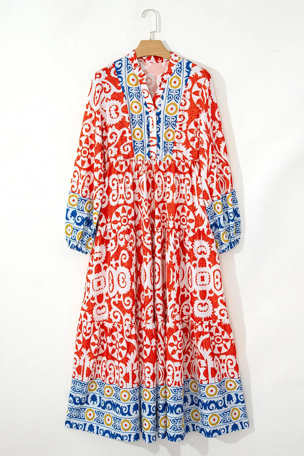 Lenora Boho Geometric Printed Long Sleeve Maxi Dress Threaded Pear