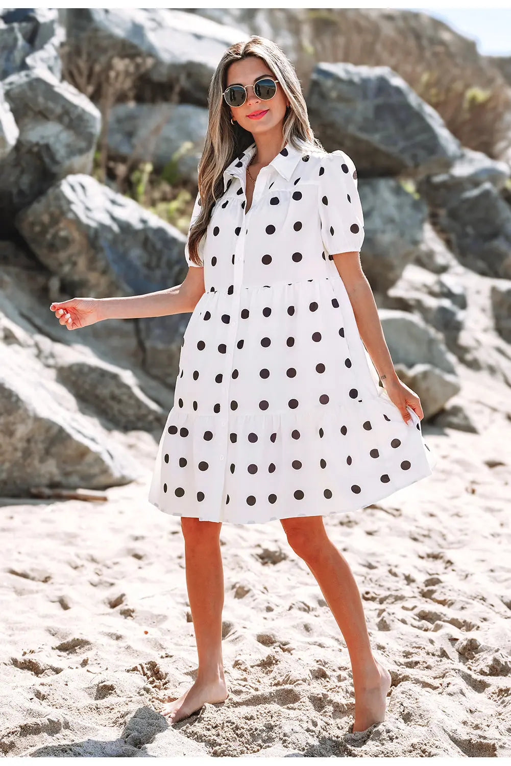Claire Short Sleeve Buttoned Tiered Babydoll Dress Threaded Pear