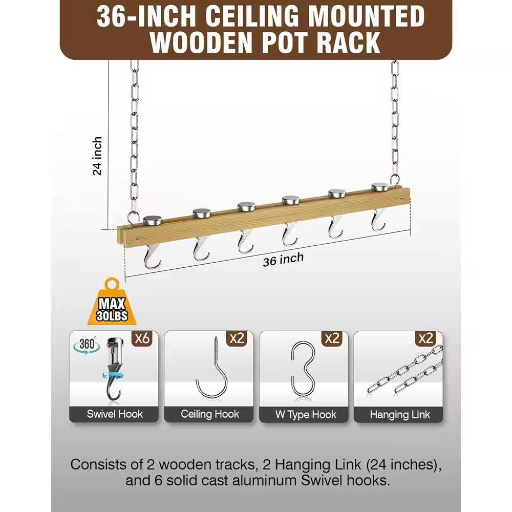 Ceiling Mounted 36-inch Wooden Pot Rack with 4 Pan Hanging Hooks and 2 Swivel Hooks FastFurnishings