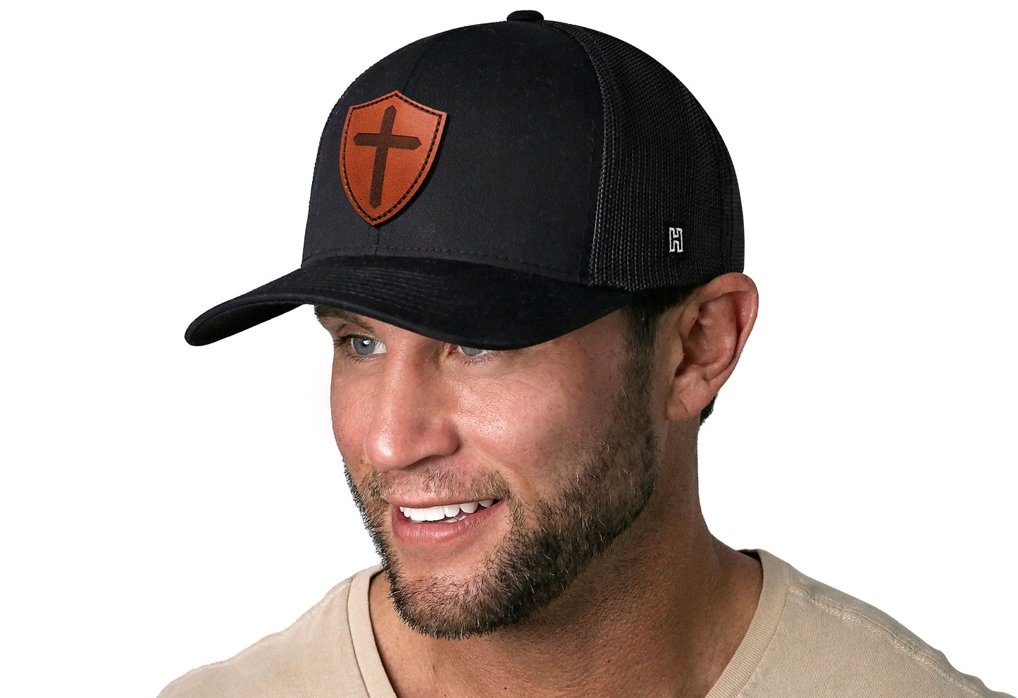 Cross Trucker Hat Shield Leather | Black Christian Snapback - Get it from Bo