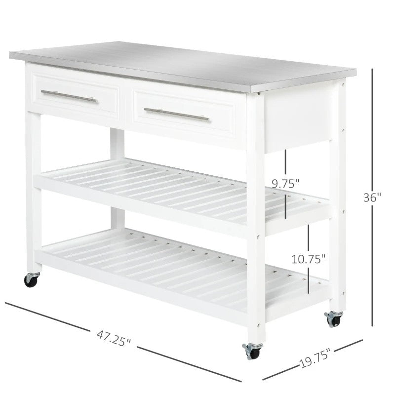White Rolling Kitchen Island 2 Drawers Storage with Stainless Steel Top HomePacific